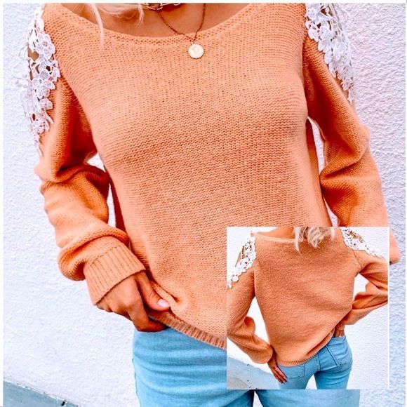 NWT! SCOOP NECK CONTRAST LACE CUT OUT SLEEVE DETAIL SWEATER IN LIGHT ORANGE 🍊! - Picture 1 of 13